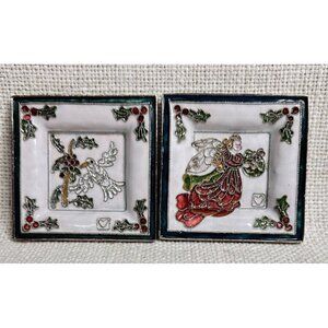 Set Of 2 Christmas Angel Dove 3X3 Enamel On Metal Trinket Dishes Holiday
